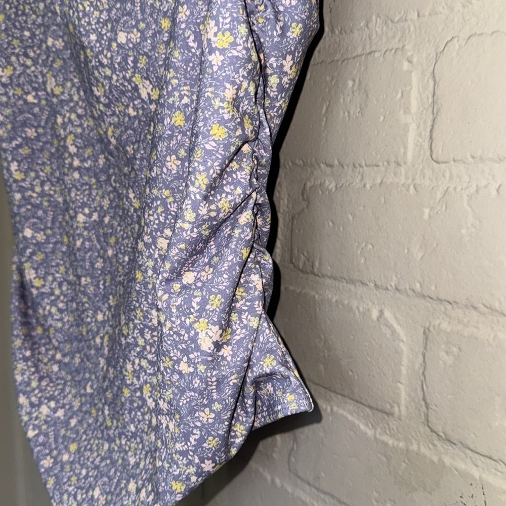 Free People bodysuit puff ruched shirt sleeve Bella chambray combo floral xL NeW - Picture 5 of 11